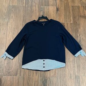 NWOT I.N. Studio L Deep Blue Top with Striped Hem, Buttons and Sleeve Ties.